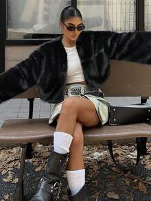 SHEIN EZwear 女士秋冬米色蓬松短外套 - 黑色 - 查看 6