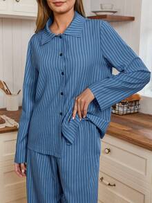 SHEIN 女士宽松休闲条纹领长袖睡衣套装，冬季服装 - 彩色 - 查看 4