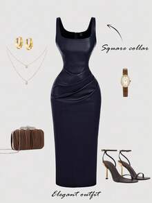 SHEIN MOD 大码PU皮棕色女式连衣裙，鸡尾酒会礼服，生日礼服，冬季连衣裙，秋季连衣裙，优雅派对礼服，正式礼服，晚礼服，时尚婚礼礼服 - 藏蓝色 - 查看 5