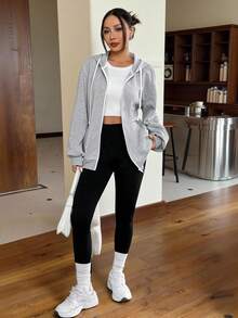 SHEIN EZwear 女士保暖内衬灰色连帽拉链运动衫，适合秋冬季 - 灰色 - 查看 4