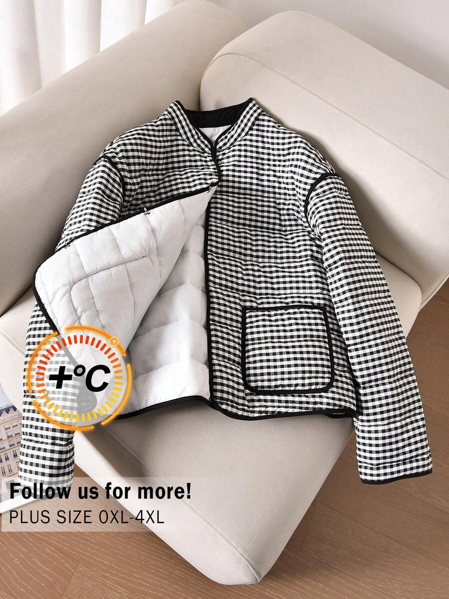 CosyJoli 大码女式格子休闲保暖羽绒服，秋冬季 - 黑與白 - 查看 1