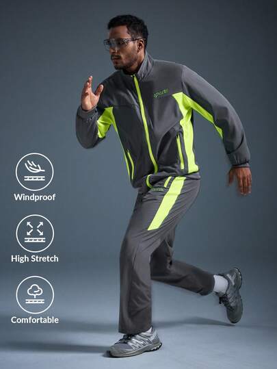  DRIFTMERE Men's Colorblock Stand Collar Zipper Pockets Letter Print Jacket & Sports Pants, Casual Versatile Daily Wear, Fall/Winter, Tracksuit, Gym, Jogging Set Spring To Summer