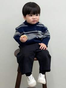DAZY 幼儿男童V领条纹长袖毛衣，秋冬季 - 藍色 - 查看 6