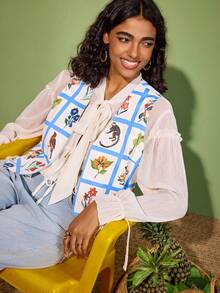 Felipe Marques Women's Floral Print Vest Cardigan Regular Jacket, Casual For Autumn/Winter, Vacation, Party - Baby Blue - View 7