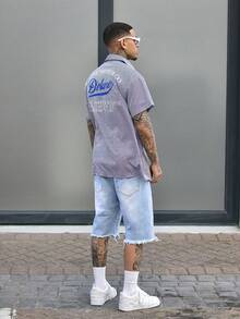 Devon Thys 男士休闲条纹标语印花短袖衬衫，夏季 - 灰色 - 查看 4