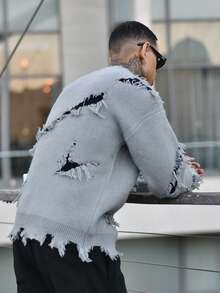 Devon Thys 男士街头时尚字母刺绣破洞百搭针织毛衣，秋冬 - 灰色 - 查看 2