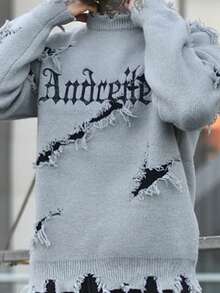 Devon Thys 男士街头时尚字母刺绣破洞百搭针织毛衣，秋冬 - 灰色 - 查看 4