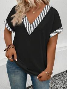 Selamara 新款大码女式时尚条纹领V领宽松短袖T恤 - 黑色 - 查看 3