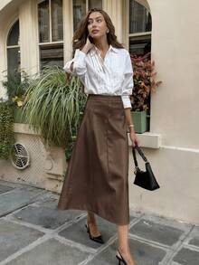 Pariaura 女士棕色皮革拉链A字裙，适合万圣节派对、婚礼宾客等场合，优雅百搭，冬季外出穿着，适合秋冬季节、圣诞节等各种场合，时尚优雅，休闲百搭，棕色裙子，圣诞节适用，万圣节女装裙 - 鏽棕色 - 查看 8