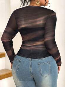 Elenzga Áo thun lưới cổ tròn tay dài màu đen gợi cảm cổ điển đa năng cỡ lớn - màu đen - Xem 2