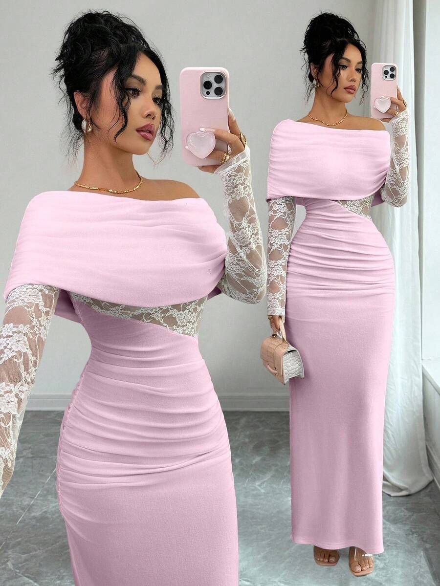 Rafferiza Women's Sexy & Elegant Asymmetric Neck Ruched Lace Patchwork Long Sleeve White Dress - Pink - View 1