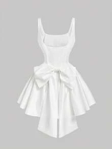MOD Vestido corto de mujer decorado con moño rosa, vestido de mujer, ropa de mujer, vestido para fiesta de vacaciones, vestido modesto, vestido de vacaciones, - Blanco - Ver 5