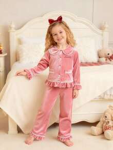 女童刺绣字母图案荷叶边舒适简约圆领长袖上衣和裤子套装，适合家庭聚会，秋冬 - 粉色 - 查看 1