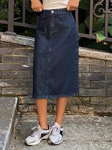 DAZY Women's Casual Commuter Washed Denim Skirt - Black - View 2