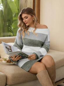 EMERY ROSE Rochie de damă de mărime mare, multicoloră, cu guler tip barcă, mânecă felinar, pufoasă, caldă, casual, lejeră, versatilă pentru purtare zilnică, pentru Ziua Recunoștinței