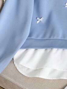 SHEIN Áo nỉ nữ tuổi teen cổ sơ mi phối nhiều mảnh, trang trí nơ, tay dài, kiểu chui đầu, co giãn, thích hợp cho mùa thu/đông. - Màu xanh lam - Xem 5