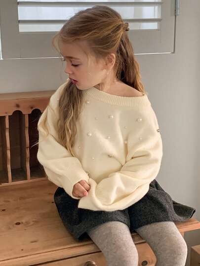 DAZY Young Girls Round Neck Beaded Decor Sweater, Fall