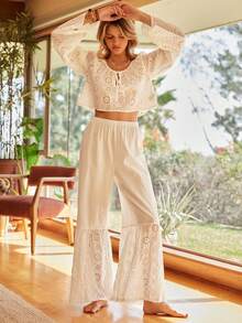 Lullawish Bộ đồ ngủ nữ phong cách Bohemian giản dị, thoải mái, gồm áo crop top buộc dây họa tiết hoa và quần ống rộng, đồ ngủ ren rộng rãi và thoải mái, trang phục ren thêu lỗ phong cách Boho, quần áo mùa đông nữ, trang phục ren Boho nữ, bộ đồ hai mảnh phong cách Boho. - Màu be - Xem 6