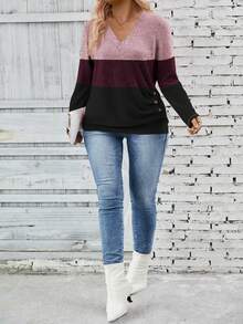 EMERY ROSE 女士V领长袖三色设计休闲针织加大码T恤，秋冬春季上衣 - 彩色 - 查看 3
