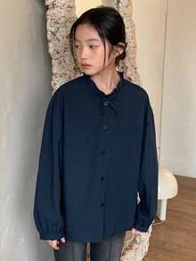 Dazy Kids 少女宽松休闲纯色长袖衬衫，秋季款 - 藏蓝色 - 查看 5