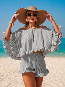 Swim Vcay 女士夏季度假沙滩新款法式休闲条纹无肩带吊带背心荷叶边露背性感泳衣罩衫
