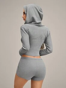 女士舒适纯色前拉链露脐上衣和短裤睡衣套装 - 淺灰色 - 查看 2