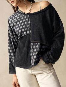 Bohemela 女士休闲针织拼接圆领宽松长袖卫衣，秋冬季 - 黑色 - 查看 4