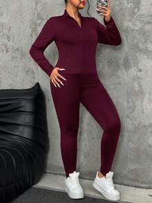 SHEIN EZwear 酒红色加大码女式长袖拉链上衣和紧身打底裤两件套 - 酒紅色 - 查看 5