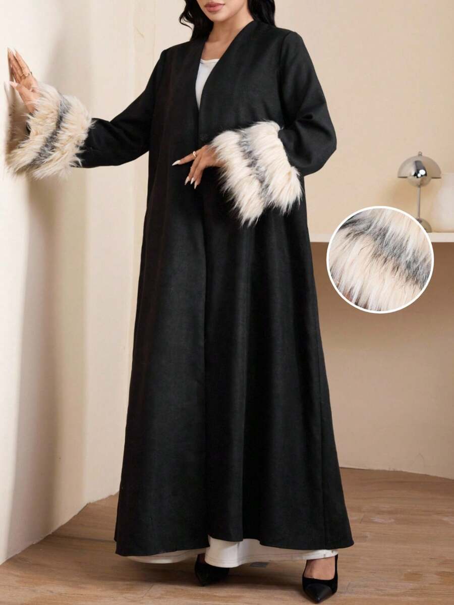 Veilorie Áo Abaya kín đáo dành cho nữ với viền lông thú, váy mùa đông cho nữ, áo Abaya Dubai, áo Abaya đen sang trọng cho nữ, váy xòe bồng bềnh cho nữ mùa đông. - màu đen - Xem 1