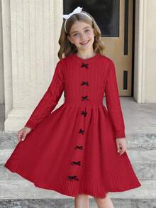 SHEIN 少女优雅圆领修身针织中长连衣裙，正面饰有撞色蝴蝶结，适合冬季穿着；纯红色长袖针织连衣裙 - 紅色 - 查看 11