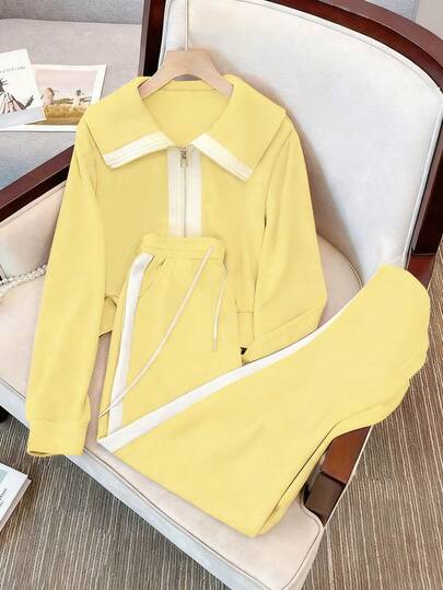 Franclia 立领拉链落肩上衣 + 拼接斜插口袋休闲裤