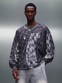 PLAYBOY X SUMWON Checkerboard Long Sleeve V-Neck Tee Bunny Logo Number 53 Jersey Tee Checkered Pattern Casual Top - Grey - View 2