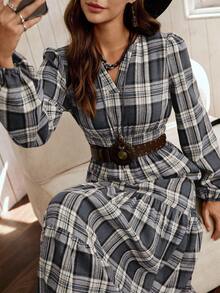 LanaWest 女士格子图案可追踪面料圆领小褶皱腰身修身娃娃裙，裙摆设计休闲波西米亚西部乡村风格 - 灰色 - 查看 4