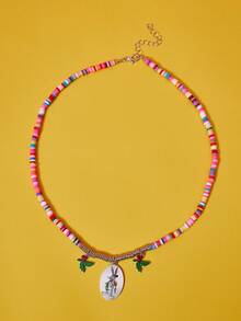 LOONEY TUNES X SHEIN Fashion New Colorful Polymer Clay Beaded Necklace, Zinc Alloy Cartoon Pattern Print, Casual Cute, Suitable For Party, Concert, Festival - Platinum - View 2