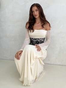 Aloruh 女士秋冬婚礼派对礼服，露肩俏皮蕾丝拼接撞色A字喇叭长袖礼服 - 杏色 - 查看 5