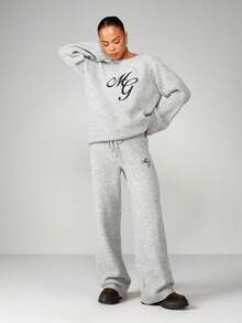 MISSGUIDED Oversized Knit Sweater With Embroidered Logo Cozy Pullover Jumper Fall Winter Casual Loungewear - Light Grey - View 4