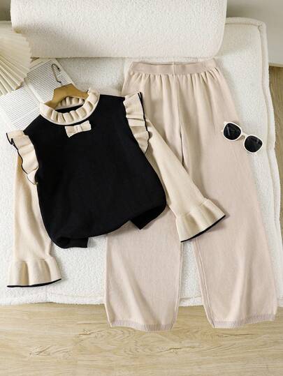 Girls Knit Clothing Set, Modest Long Sleeve Ruffle Top With Bow, Soft Elastic Waist Pants, Elegant Festival Suit, Comfortable Loose Fit, Fashionable  Princess Outfit For Holiday, TMiddle East Style, Perfect For Prayer, Party, Or Daily Wear  Light Brown And Black Color Classic Match