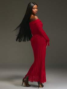 NYA SZN Dress Knit Fringe Bold Sexy Classy ModestY2K Vintage Look Suitable For Commuting Oufits For Women - Red - View 2