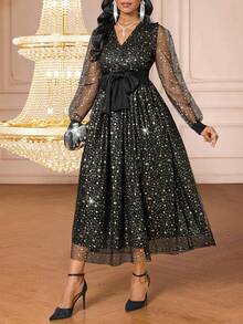 SHEIN Lady 时尚派对黑色箔网纱连衣裙 - 黑色 - 查看 6