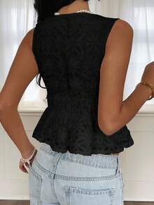 Serisse Áo crop top buộc dây không tay màu trơn có viền bèo nhún dành cho nữ - màu đen - Xem 2