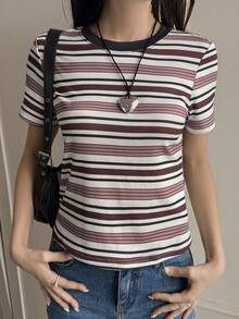 Livesso Áo thun nữ cổ tròn tay ngắn kẻ sọc thường ngày, mùa thu - Màu Đỏ Sâu - Xem 3