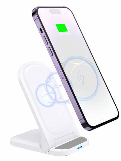 15瓦可折叠支架二合一无线充电器，兼容支持Qi标准的智能手机，兼容 8/X/11/12/13/14/15系列无线充电设备，适用于办公室、宿舍和家庭使用。