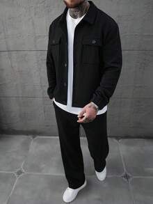 SLATEMANN 男士华夫格纹理提花衬衫和裤子套装，男士套装，男士黑色套装，男士全套服装，男士华夫格针织套装，秋季服装 - 黑色 - 查看 5