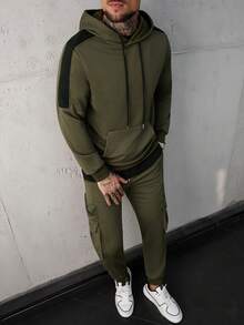 SLATEMANN 2 件套男士休闲纯色抽绳连帽运动衫和工装裤，秋季服装 - 軍綠色 - 查看 1