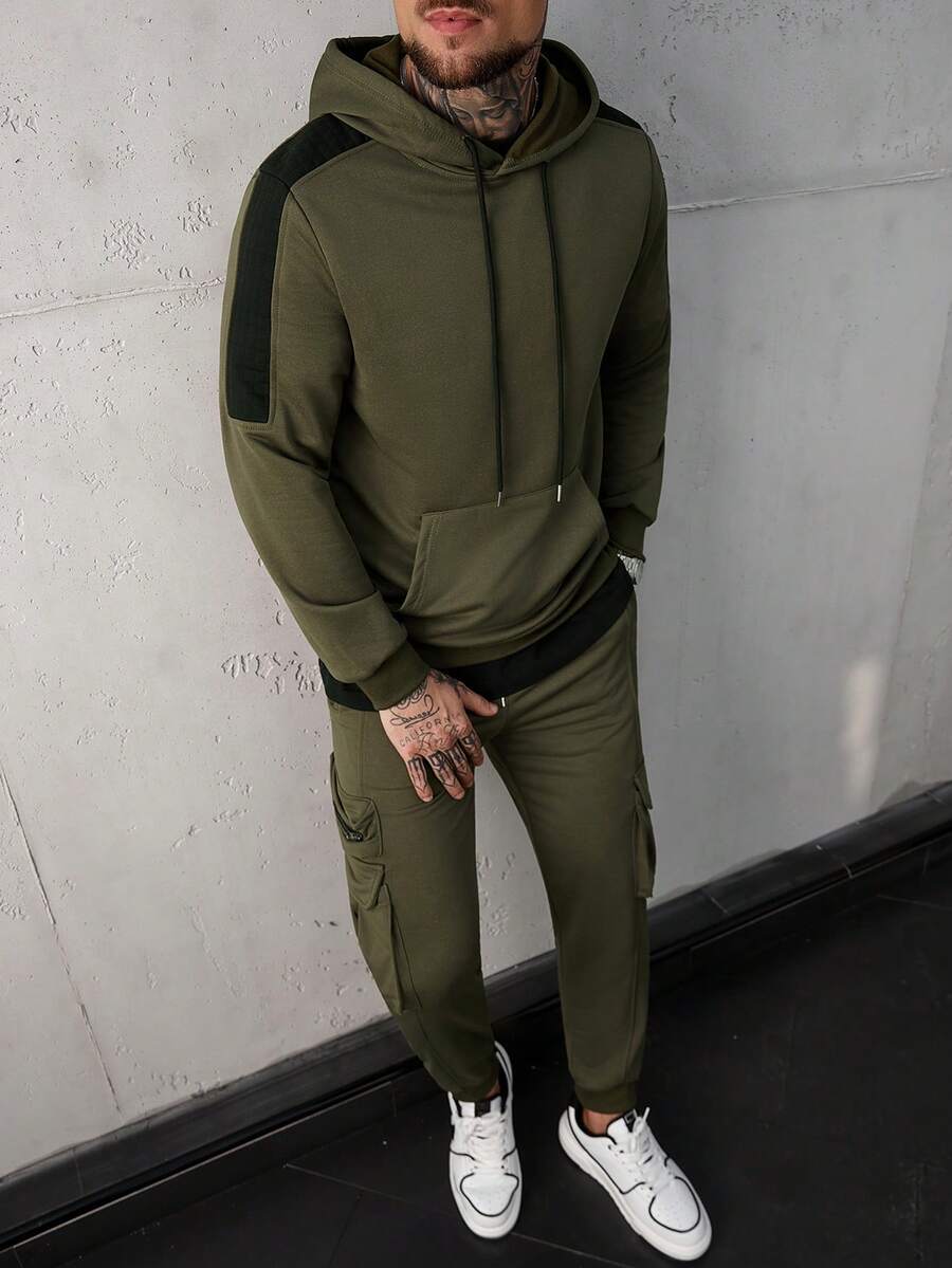 SLATEMANN 2 件套男士休闲纯色抽绳连帽运动衫和工装裤，秋季服装 - 軍綠色 - 查看 1