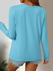 INAWLY 女士春秋季休闲标语和狗爪印圆领长袖T恤图案T恤 女士春季上衣 - 藍色 - 查看 2