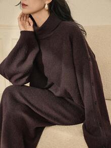 Dazy-Less Bộ đồ nữ thường ngày đơn giản, màu trơn, cổ bẻ, tay cánh dơi gồm áo cardigan và chân váy len, thích hợp cho việc đi làm, mùa thu/đông, phong cách công sở thường ngày. - màu nâu - Xem 6