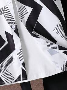 SHEIN Vacaura 2件套 青少年男童休闲通勤几何线条印花短袖衬衫和裤子套装 - 黑色 - 查看 5