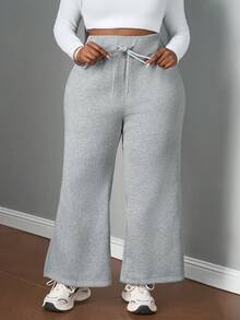 SHEIN PETITE CURVE 大码休闲低腰抽绳弹力运动裤喇叭裤保暖内衬复合绒面料运动裤，适合秋冬季穿着 - 灰色 - 查看 7