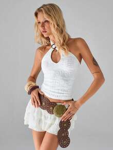 SHEIN Unity 1 件女式白色休闲/通勤/约会交叉挂脖上衣，时尚环扣设计，精致浪漫蕾丝，合身，休闲，性感，修身 - 白色 - 查看 6